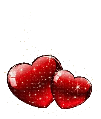 Twee glanzende rode harten met sprankels op een zwarte achtergrond.
