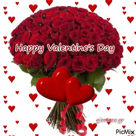 Een boeket rode rozen met hartjes en de tekst 'Happy Valentine's Day'.