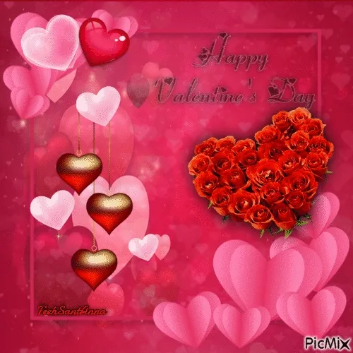 Achtergrond met harten en rozen, met de tekst 'Happy Valentine's Day'.