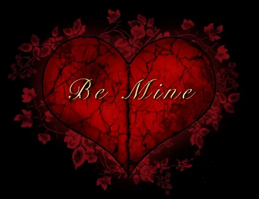 Rode hartvorm met de tekst "Be Mine" in gouden letters.