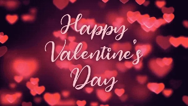 Tekst met "Happy Valentine's Day" omringd door roze harten op een vage achtergrond.