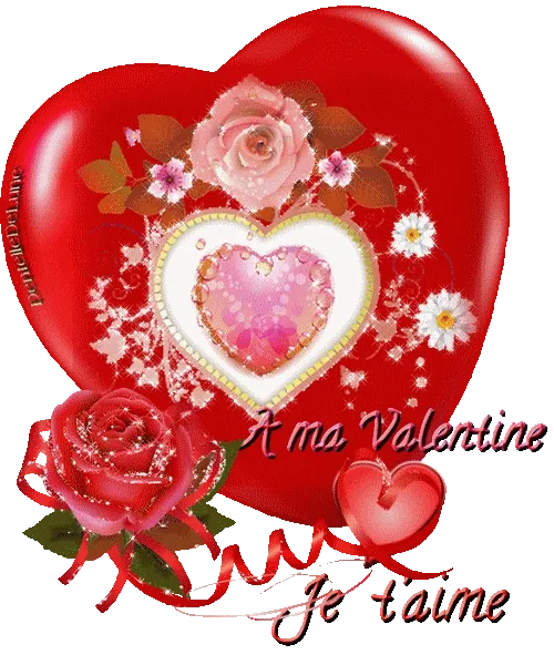 Een hart met bloemen en de tekst "A ma Valentine, Je t'aime".
