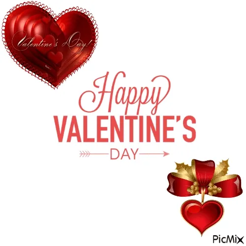 Hartvormige afbeeldingen en tekst "Happy Valentine's Day" in een feestelijke stijl.