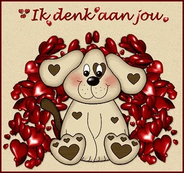 Een schattige hond met harten om zich heen en de tekst "Ik denk aan jou".
