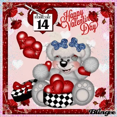 Een schattige teddybeer met harten, een cadeau en een Valentijnsdag kaart.