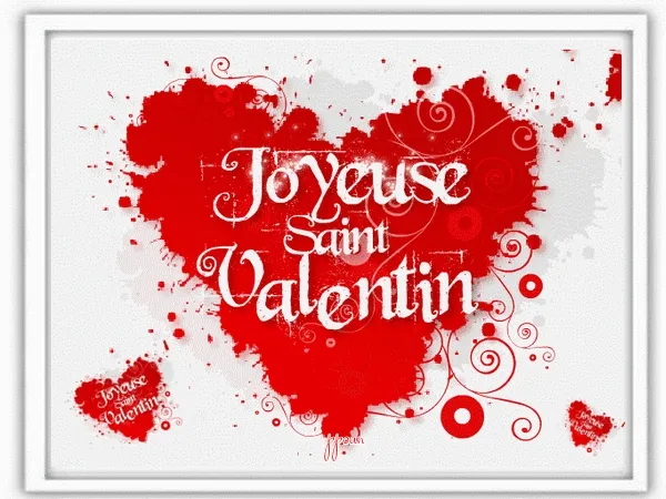 Hartvorm met rode vlekken en de tekst "Joyeuse Saint Valentin".