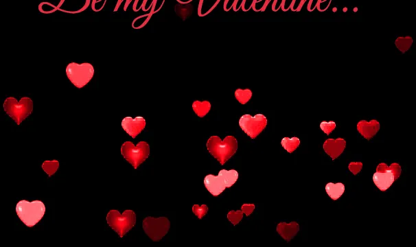 Tekst in cursief: "Gelukkige Valentijnsdag! Wees mijn Valentijn...". Rode hartjes op een zwarte achtergrond.