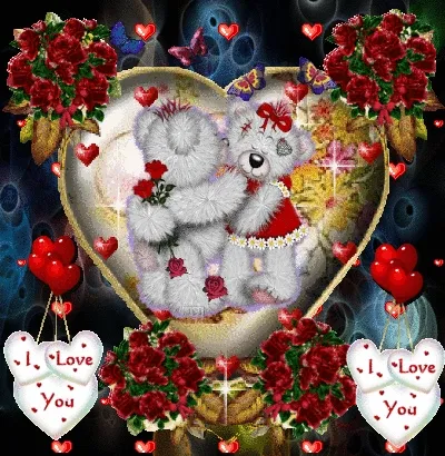 Twee schattige teddyberen omarmend, omringd door rozen en harten.