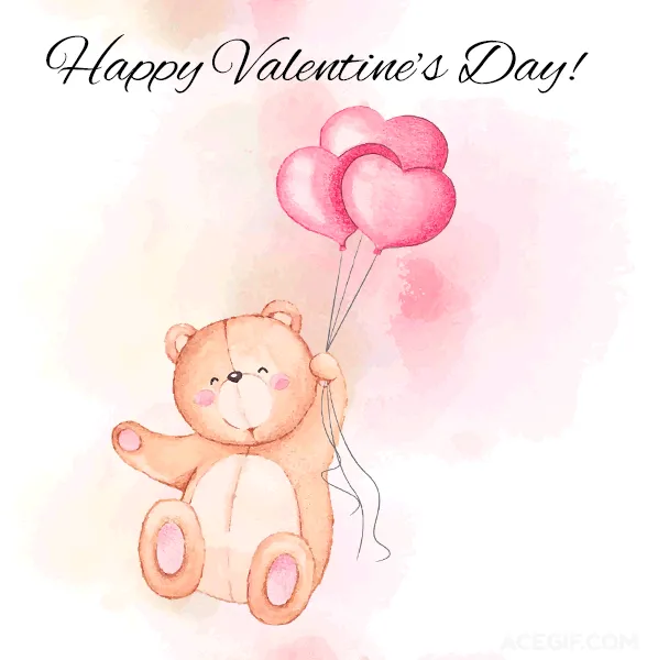 Schattige teddybeer met hartballonnen en 'Gelukkige Valentijn' tekst.