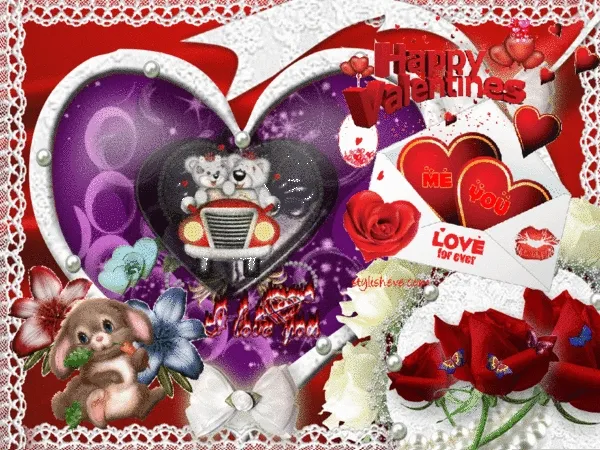 Hartvormige afbeelding met zoete dieren en valentijnsdecoraties.