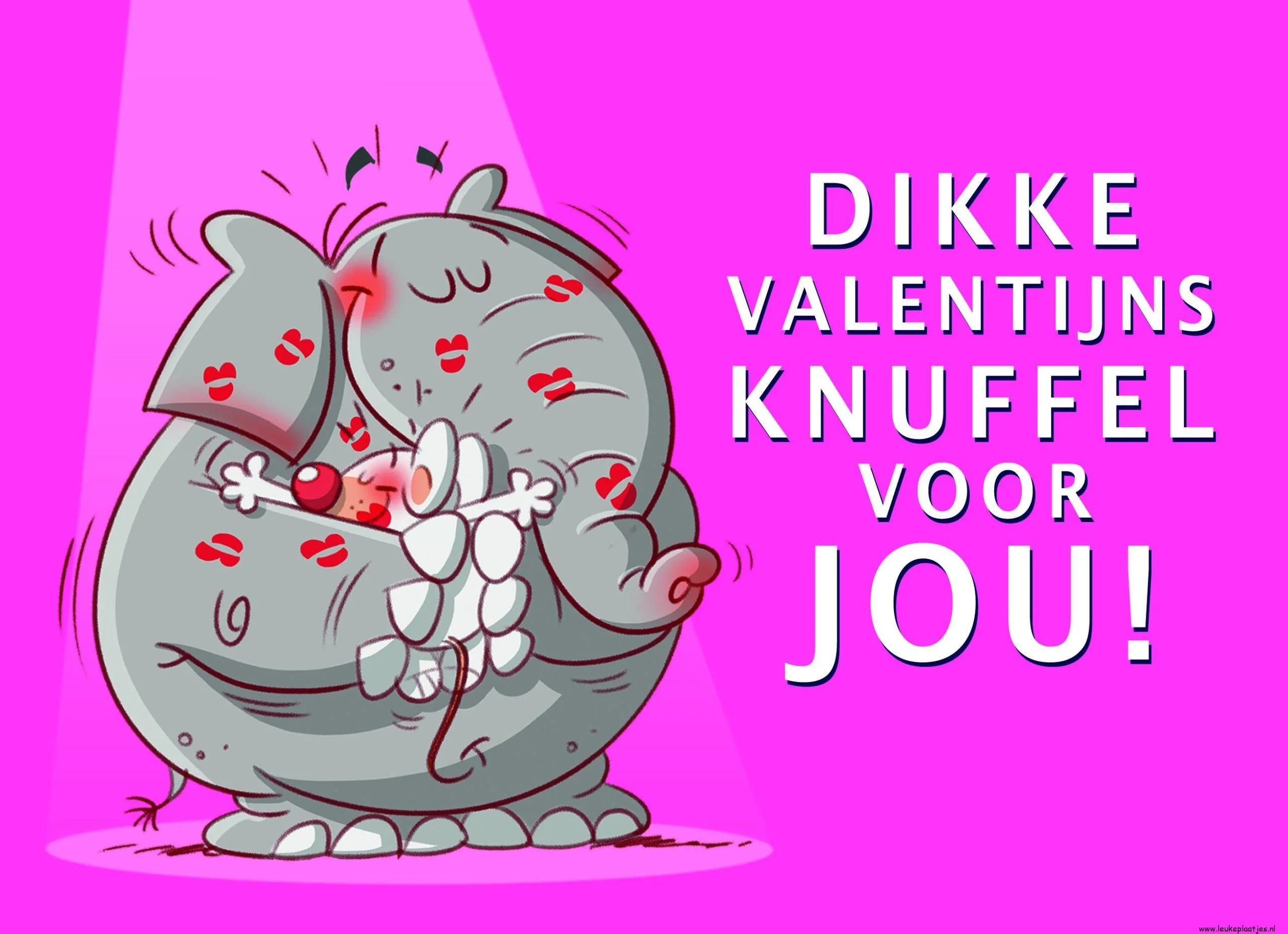 ᐅ valentijn humor tekst - Valentijnsdag plaatjes Een schattige olifant omarmt een muis met hartjes en de tekst: "Dikke Valentijnsknuffel voor jou!"