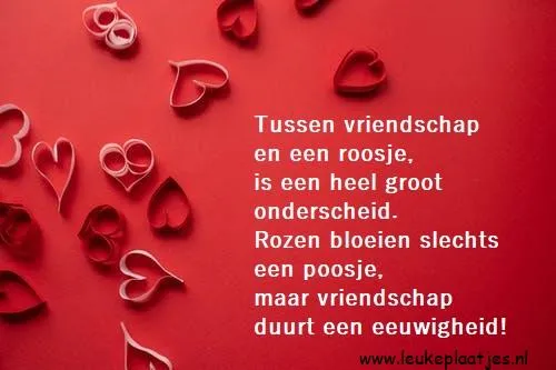 Een rode achtergrond met hartjes en een citaat over vriendschap en rozen.