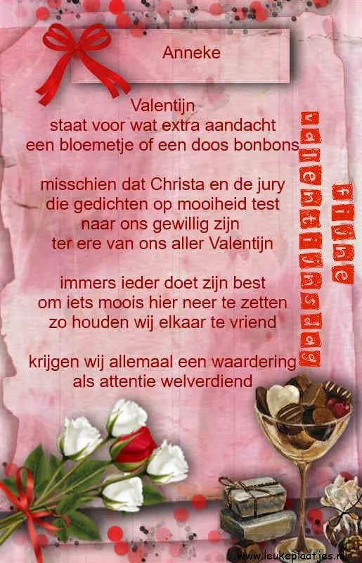 Een roze achtergrond met tekst over Valentijn, bloemen en bonbons.