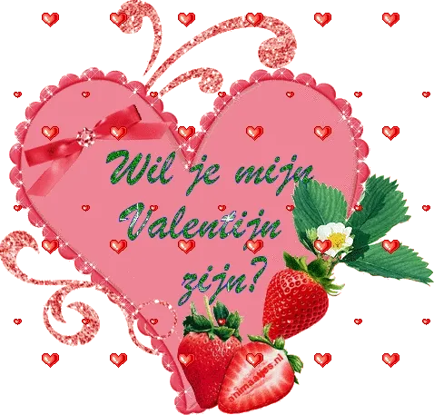 Rood hart met de tekst "Wil je mijn Valentijn zijn?" en aardbeien.