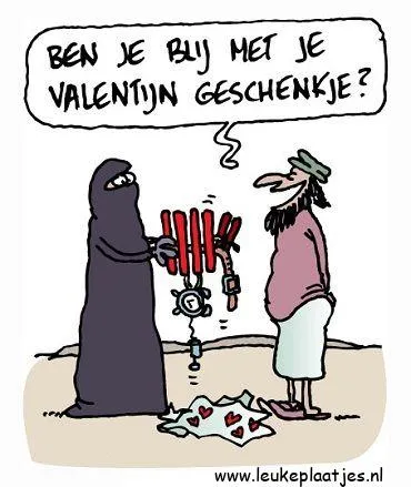 Een vrouw in nikab geeft een man een valentijns cadeau met hartjes.
