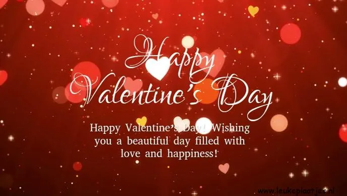 Tekst met een wens voor Valentijnsdag, versierd met harten en een rode achtergrond.