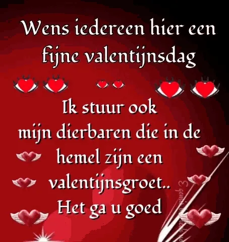 Tekst met hartjes en een Valentijnsgroet op een rode achtergrond.