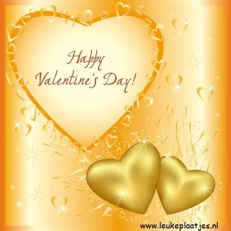 Valentijnsdag kaart met gouden harten en een tekst in het midden.