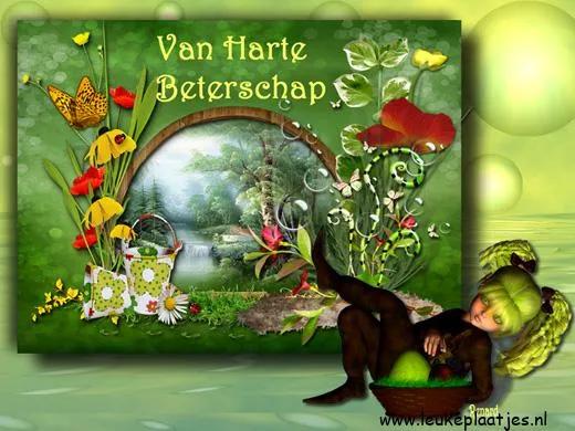 Groene achtergrond met bloemen, een schattig meisje en de tekst "Van Harte Beterschap".
