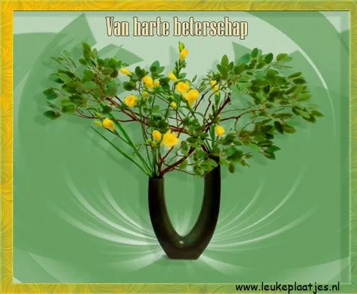 Afscheidende takken met gele bloemen in een zwarte vaas op een groene achtergrond.