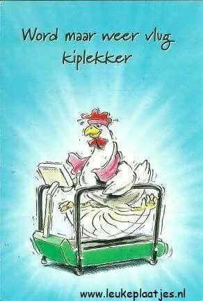 Een kip op een bed met een computer, met de tekst "Word maar weer vlug, kiplekker".
