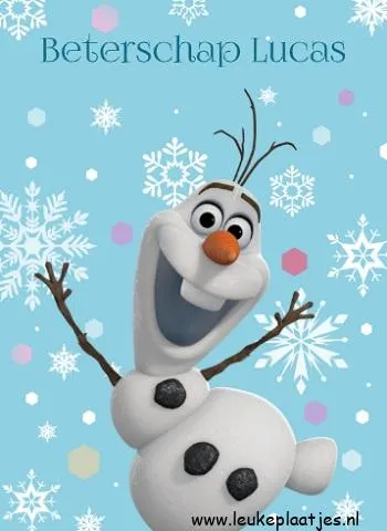 Olaf de sneeuwpop met een vrolijke glimlach, tegen een blauwe achtergrond met sneeuwvlokken.