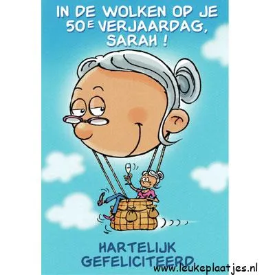 Een grappige kaart met een vrouw in een luchtballon voor een 50e verjaardag.