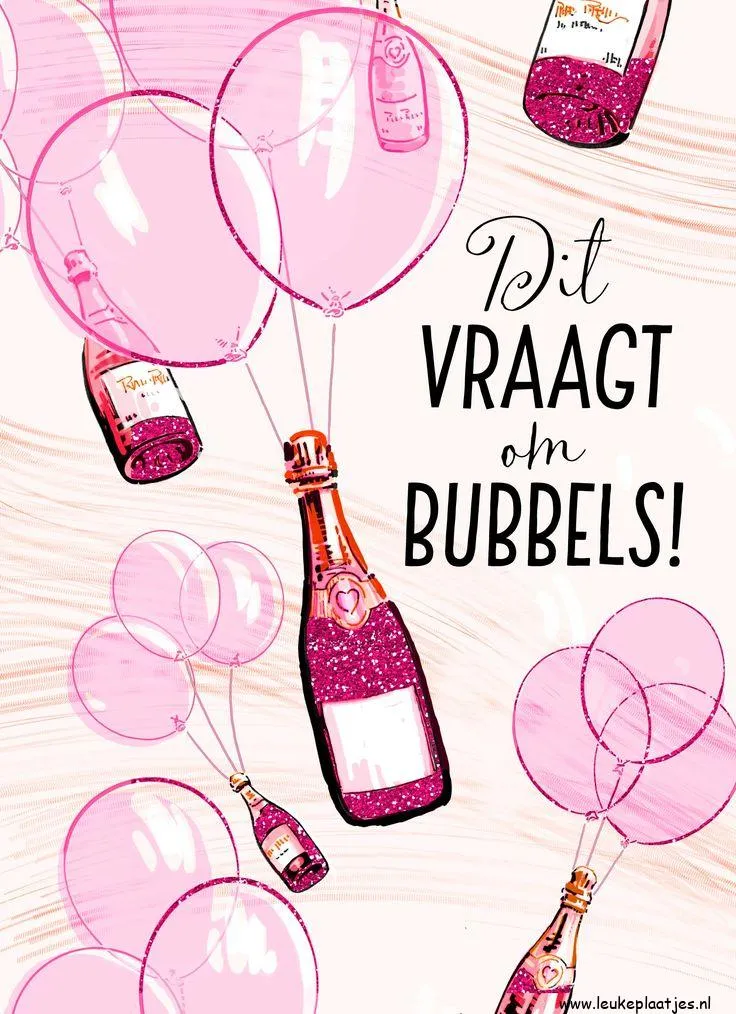 Illustratie van champagneflessen met roze ballonnen en de tekst "Dit vraagt om bubbels!"