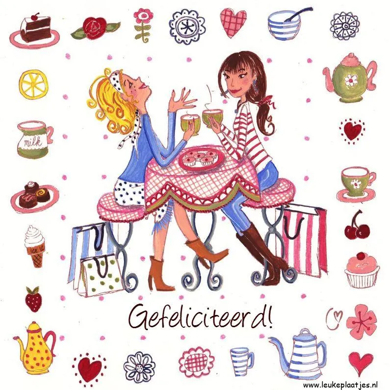 Twee vrouwen zitten aan een tafel, genietend van drankjes en taart met feestelijke decoraties.