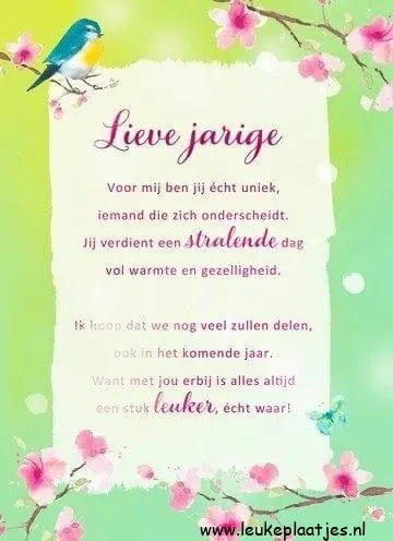 Kaart met een verjaardagsgroet en decoratieve bloesemtakken.