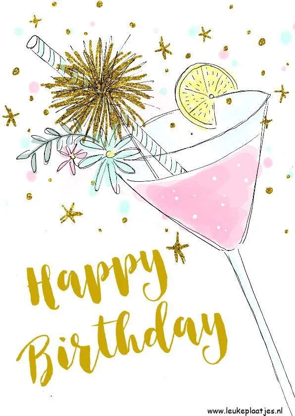 Een feestelijke afbeelding met een cocktail, confetti en de tekst "Happy Birthday".