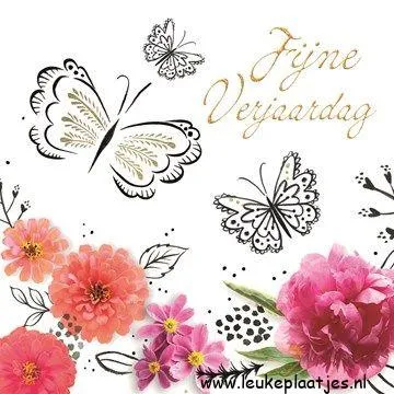 Kleurige bloemen en vlinders met de tekst "Fijne Verjaardag". Feestelijke achtergrond.