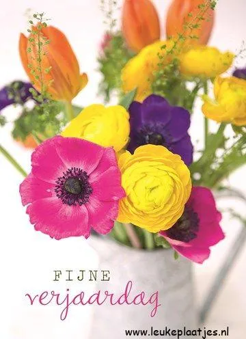 Een kleurrijk boeket bloemen in een vaas met de tekst "Fijne verjaardag".