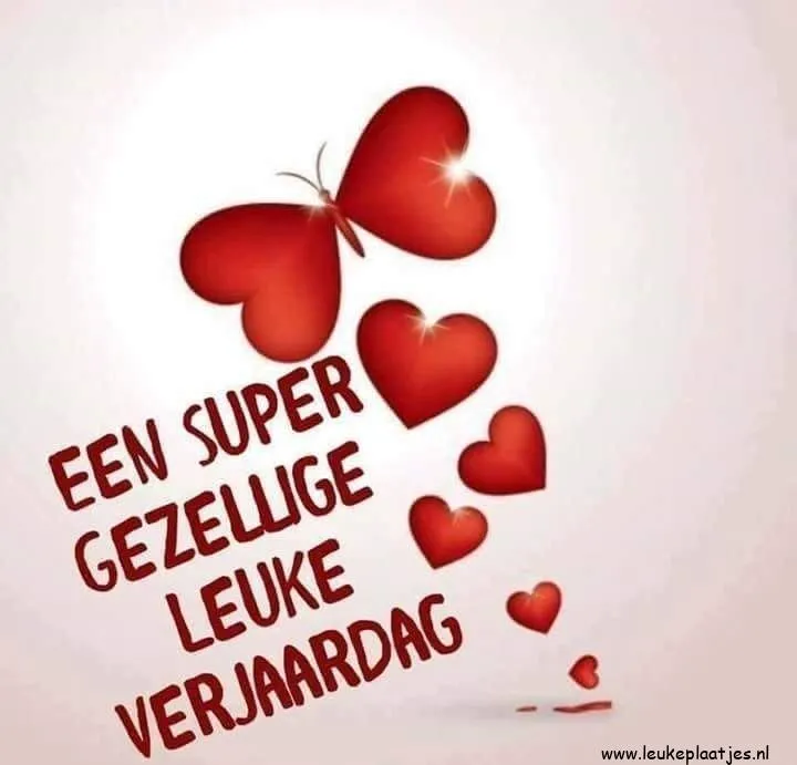 Tekst met rode harten en een vlinder: "Een super gezellige leuke verjaardag."