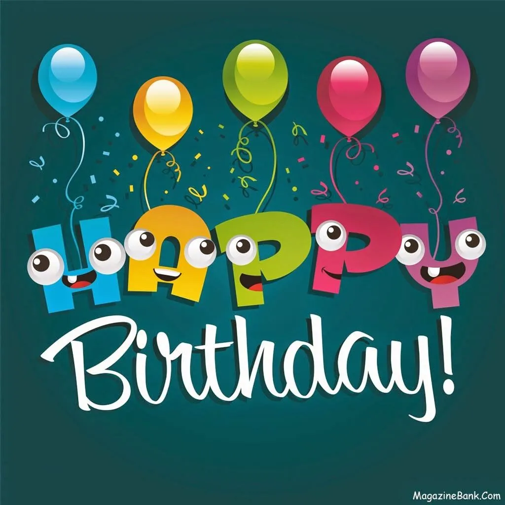 ᐅ verjaardagsplaatjes - Verjaardag plaatjes Kleurige "Happy Birthday!" tekst met ballonnen en confetti op een groene achtergrond.