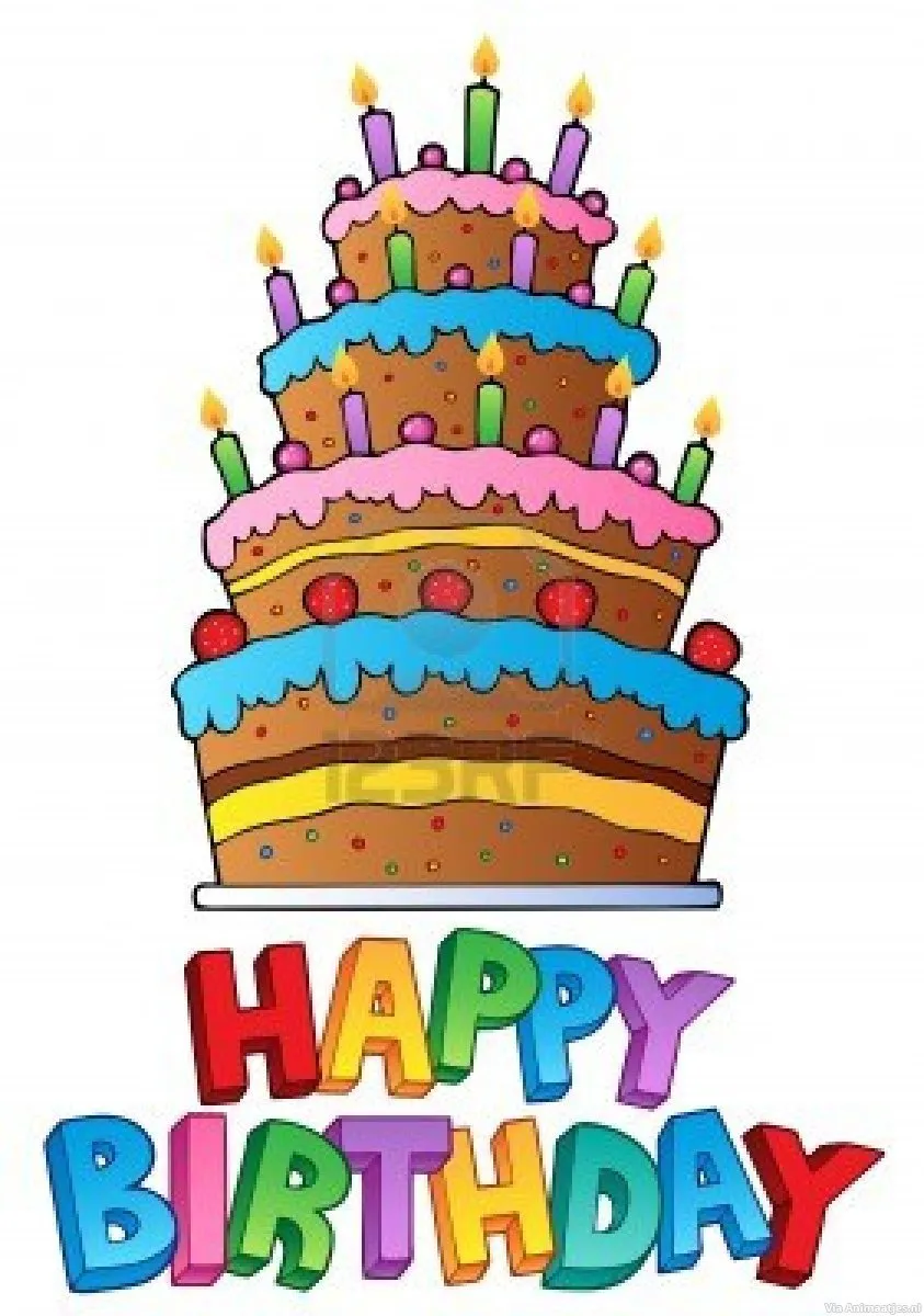 ᐅ verjaardagsplaatjes - Verjaardag plaatjes Drie-laags verjaardagstaart met kaarsjes en kleurrijke decoraties.