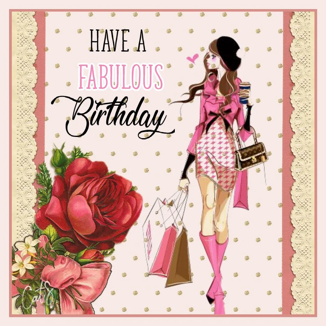 ᐅ verjaardagsplaatjes - Verjaardag plaatjes Een stijlvolle vrouw met een tas en bloemen, met de tekst "Fabulous Birthday".
