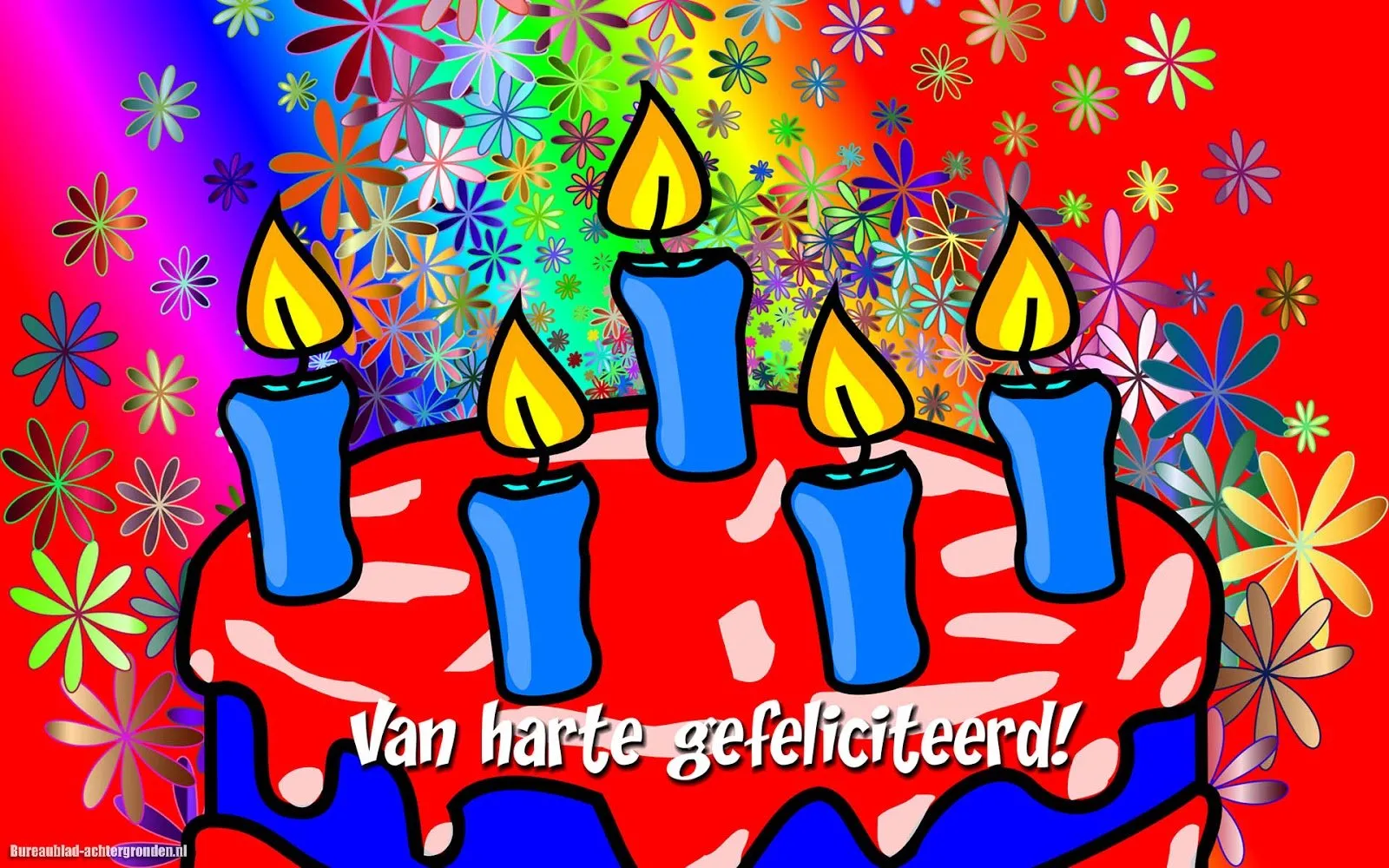 ᐅ verjaardagsplaatjes - Verjaardag plaatjes Een kleurrijke verjaardags taart met zes kaarsen en de tekst 'Van harte gefeliciteerd!'.
