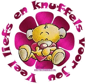 Een schattige teddybeer met tekst 'Liefs en knuffels voor jou'.