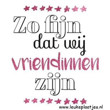 Tekst in stylvolle letters: "Zo fijn dat wij vriendinnen zijn." Decoratieve sterren.