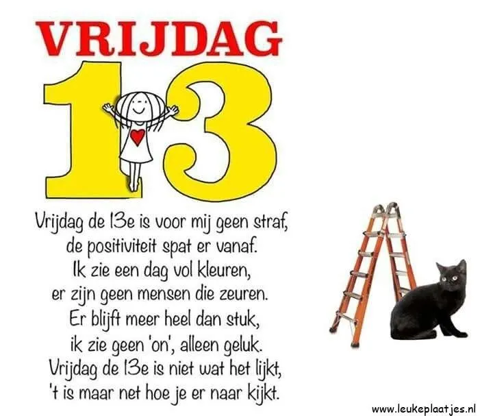 Tekst over vrijdag de 13e met een ladder en een zwarte kat, met een positieve boodschap.