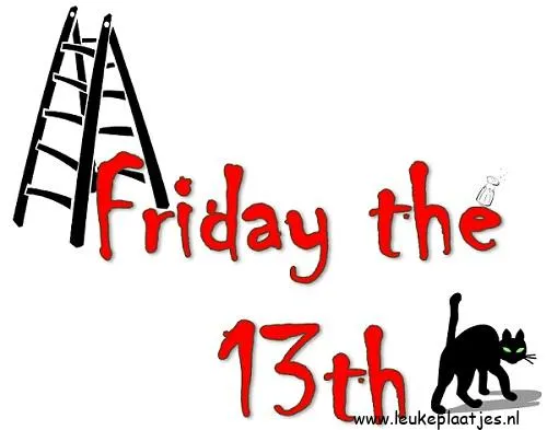Zwarte kat en ladder met tekst "Friday the 13th" in felle kleuren.