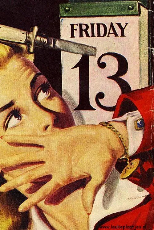 Een vrouw schrikt terwijl een mes boven de datum 'vrijdag de 13e' hangt.