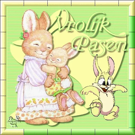 Twee bunny's omhelzen elkaar met de tekst "Vrolijk Pasen" ernaast.