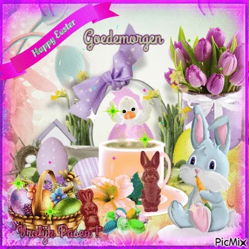 Pasen thema met eieren, een konijn en tulpen rond een mok met tekst 'Goede morgen'.