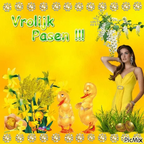 Lentefestiviteiten met een vrouw, kuikens en paaseieren op een gele achtergrond.