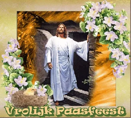 Afbeelding van Jezus die uit een graf komt, omringd door bloemen en de tekst "Vrolijk Paasfeest".