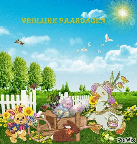 Landschap met vrolijke paaseieren, konijn, eend en bloemen onder een blauwe lucht.