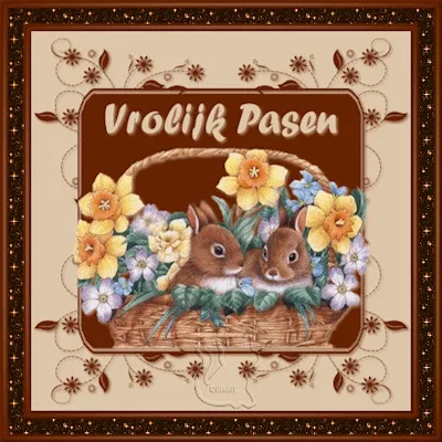 Twee konijntjes in een mand met bloemblaadjes, met de tekst "Vrolijk Pasen".