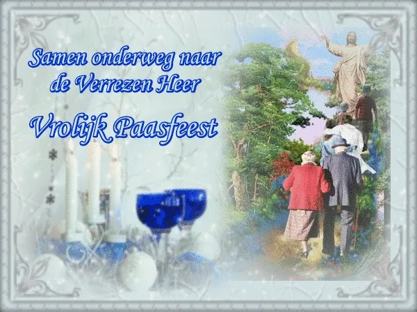 Een feestelijke afbeelding met mensen op weg naar de Verrezene Heer. Vrolijk Paasfeest!